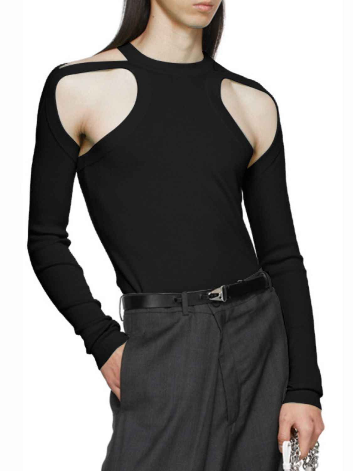 Men's Full Size Cutout Round Neck Long Sleeve Top Plus Size - Damned Threads